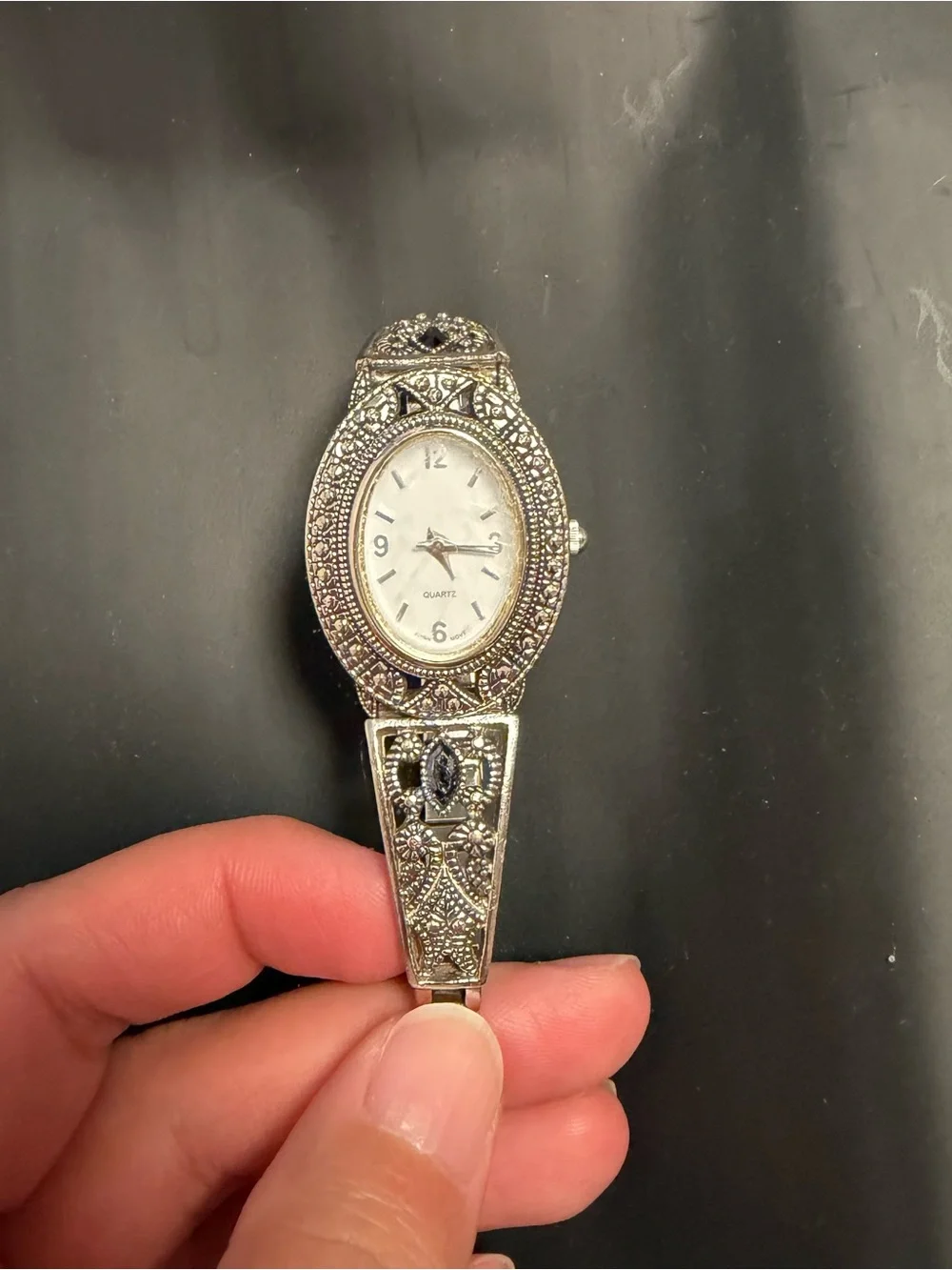 Art Deco Marcasite Silver-Tone Watch – Oval Face – Vintage Ladies